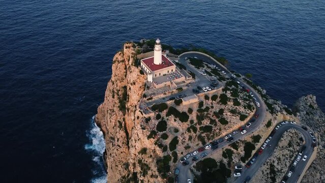 Cap de Formentor. Lighthouse on the top of the mountain. A tourist destination in Majorca, Spain.