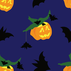 Fototapeta premium Halloween background with pumpkin and bats. Funny pumpkin. Seamless pattern. Vector illustration.
