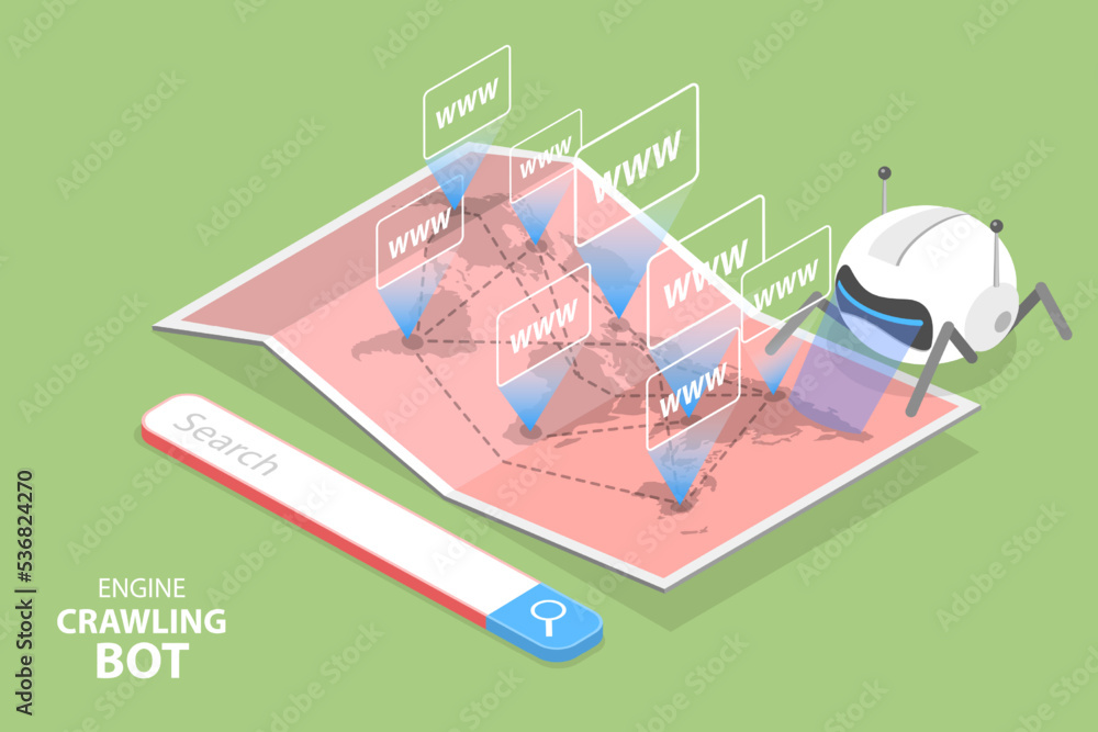 Aufkleber 3d isometric flat vector conceptual illustration of engine crawling bot, seo algorithms