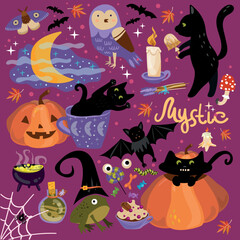 Vector set of illustration for halloween celebration with pumpkins, black cats, bats, mystical things. Background for fabric, wallpaper, design. Children's illustration.
