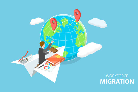 3D Isometric Flat Vector Conceptual Illustration Of Workforce Migration, Drain Brain, Shortage Of Skilled Workers