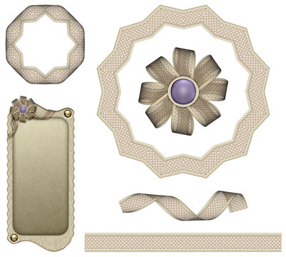 Set of vintage golden lacey satin design elements with frames, labels, borders and ribbons