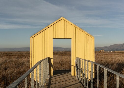 Closeup of a wooden entrance of a barn on the Alviso Marina Boat Launch Ramp in San Jose, California