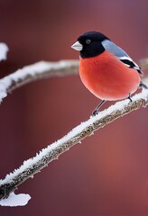 Photorealistic Bullfinch sitting on the branch, snowfall and defocused winter forest on background. Ai generated image is not based on any specific real image or character