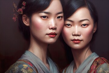 Stunning photorealistic Illustration of two asian women. Ai generated illustration, is not based on any specific real image, character or person.