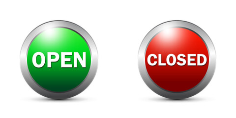 Open and closed round glossy buttons. Flat vector illustration.