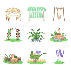 Outdoor garden furniture set, arch trellis, plants, stuff and relaxing backyard objects in cartoon style. Vector illustration isolated on white background.