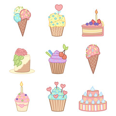 Set of sweets cupcakes, cakes, muffins and ice cream. Sweet pastries decorated with cherry and heart. Hand drawn vector illustration isolated on white background.