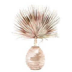 Watercolor vase composition arrangement illustration, Ceramic vase with dried palm bouquet,home decor. Boho Desert, Dried flowers, leaves, tribal,nomad, travel,oriental interior composition, bohemian 