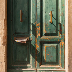 Vintage green worn door with mail and newspaper in the doorway. Newsletter, letters and news concept