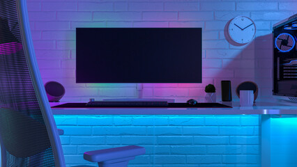Working desktop surrounded by colored led lights. 3D render
