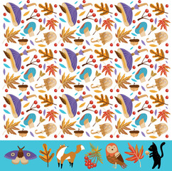 Autumn pattern with mushrooms, leaves, acorns, rowan. Set with Fox, black cat, owl, rowan. Vector illustration. Background for fabric, wallpaper, design. Children's illustration.