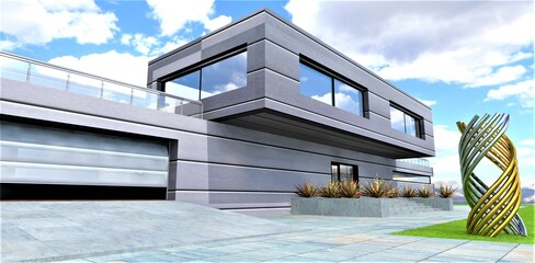 Futuristic country house made of metal composite. Aluminum garage door. Vases with plants on the porch. Installation of gold and steel on the right on the lawn. 3d rendering.