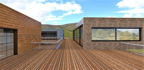 Three townhouses with a shared terrace with wooden decking. Glass panel railing. Very convenient organization of living space. 3d rendering. - obrazy, fototapety, plakaty
