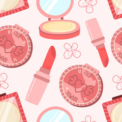 Makeup cosmetics in cartoon style. Hand drawn elements. Vector seamless pattern on pink background.