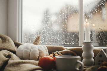 Autumn banner. Stylish warm cup of tea, candle, pumpkins on cozy wool blanket against window with...