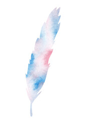 watercolor illustration with pink and blue feather, colors with gradient. Wedding romantic style. Element for decor and design. For backgrounds, printing on paper and textiles. Brush for art.