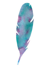 watercolor illustration with purple and blue feather, colors with gradient. Wedding romantic style. Element for decor and design. For backgrounds, printing on paper and textiles. Brush for art.