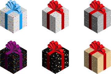 Set of gift boxes, colorful gifts with bows in wrapping paper for Christmas, birthday, Valentine, New Year, artistic background with colorful stars.