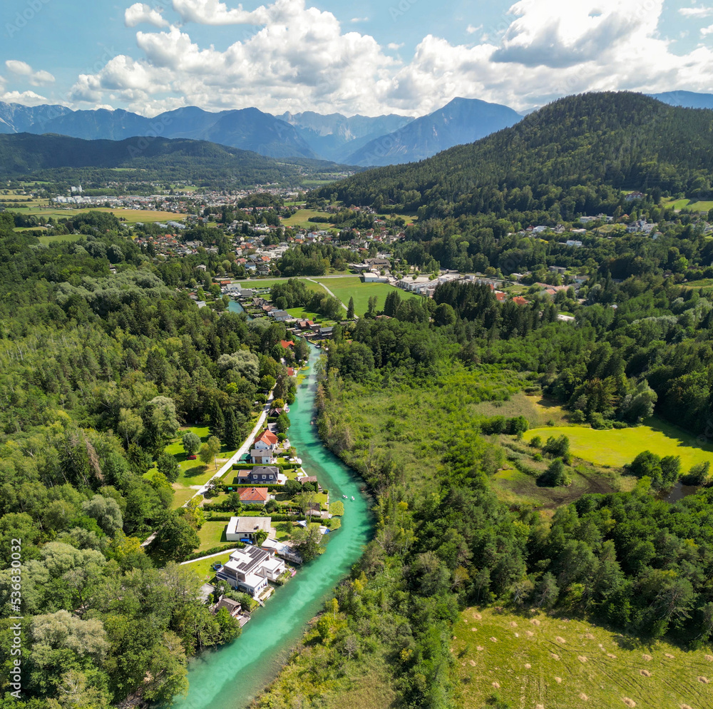 Poster Klagenfurt River in summer season from drone, Austria