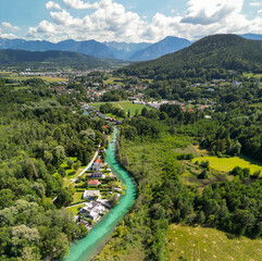Klagenfurt River in summer season from drone, Austria