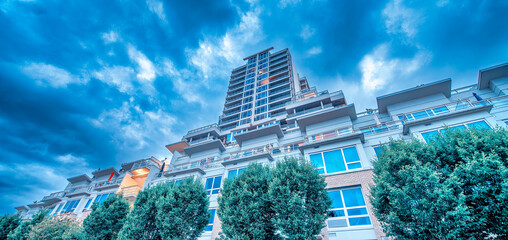 Nanaimo buildings along the sea at summer sunset, Vancouver Island. © jovannig