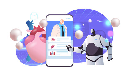 scientist and robot examining anatomical human body internal organs during video call anatomy medicine online consultation
