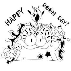 Birthday card with cute monster, happy boom day, line art vector illustration, frog with candle on the hand 