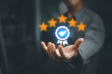 Customer evaluation feedback. men in suit Giving Positive Review for Client's Satisfaction Surveys. giving a five star rating. Service rating, satisfaction concept.