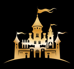 Castle golden silhouette standing on the hill. Fairy tale fortress on black background. Cartoon vector illustration. Child accessories, travel, tourism, fantasy design element or apparel, fabric print