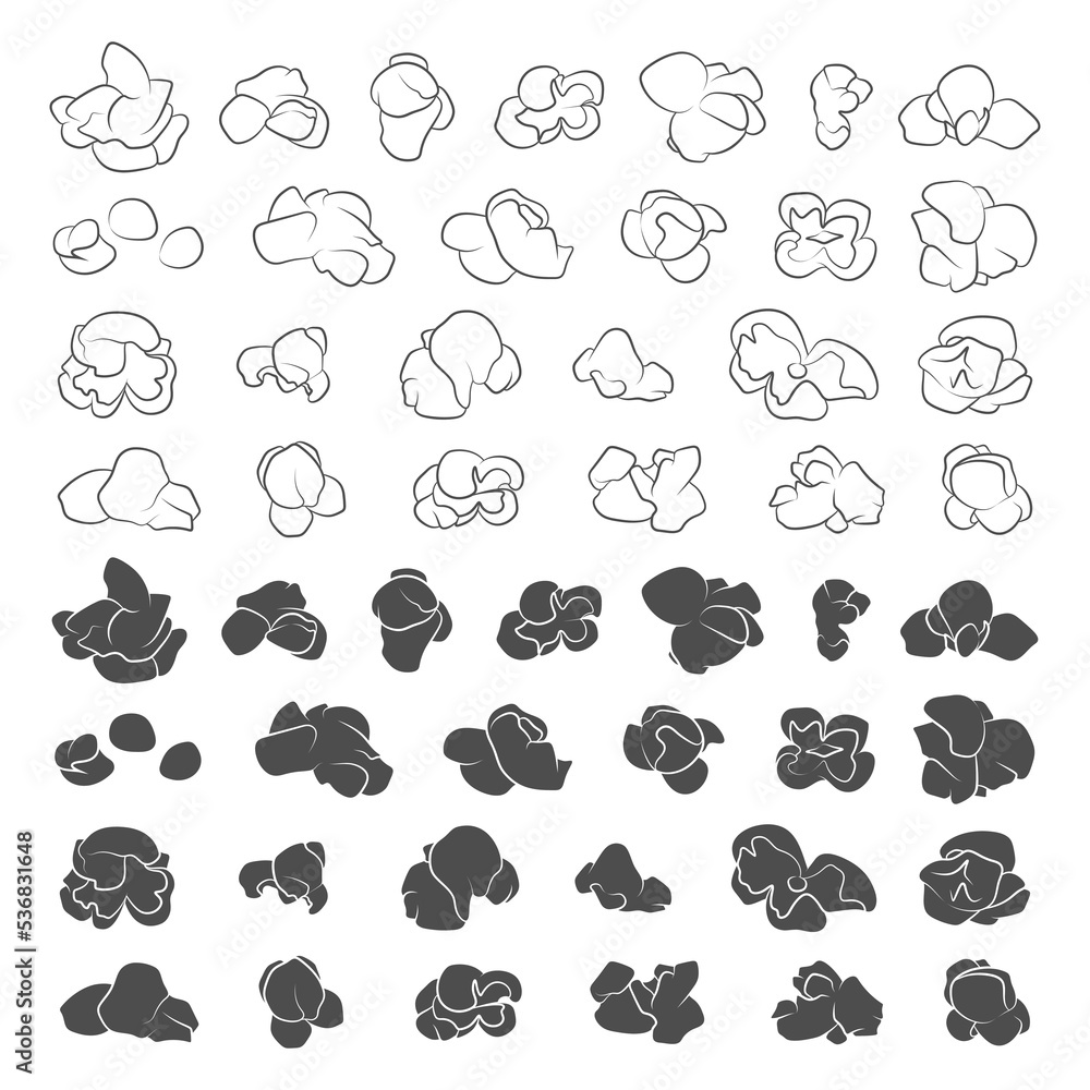 Poster set of black and white illustrations with popcorn grains. isolated vector objects on a white backgro