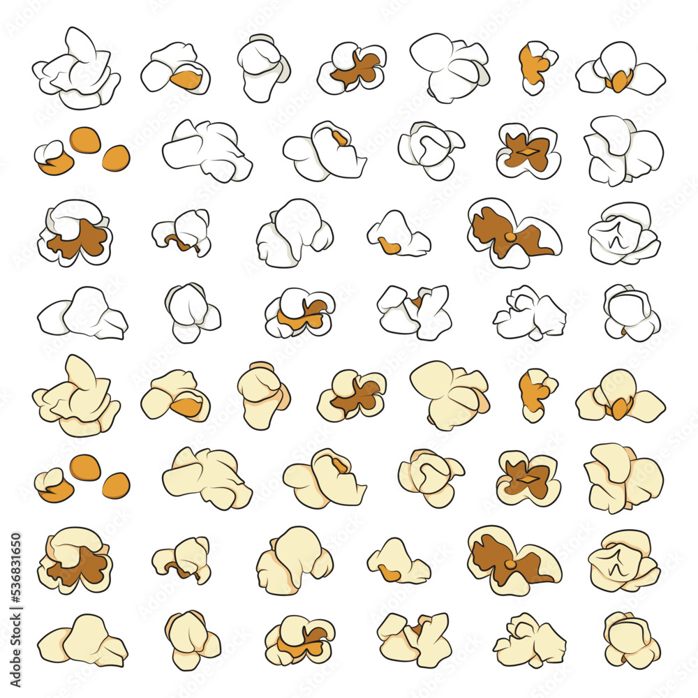 Poster set of color illustrations with popcorn grains. isolated vector objects on a white background.