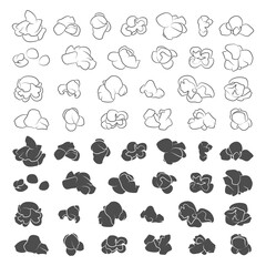 Set of black and white illustrations with popcorn grains. Isolated vector objects on a white background. - obrazy, fototapety, plakaty