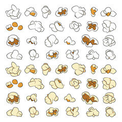 Set of color illustrations with popcorn grains. Isolated vector objects on a white background. - obrazy, fototapety, plakaty