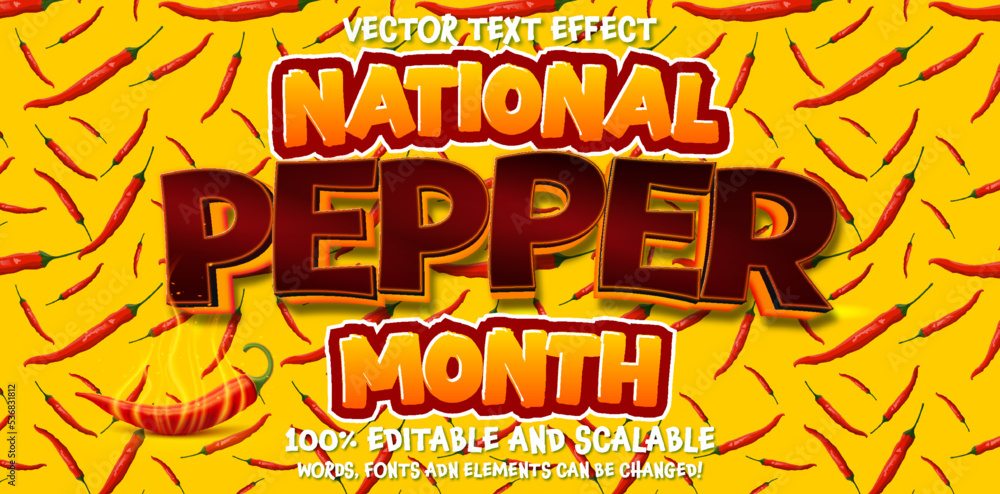 Poster chili red pepper text effect design vector. editable 3d text red lettering temple on yellow backgrou