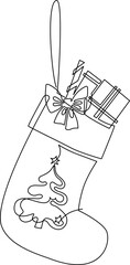 Christmas sock with gifts. A simple pattern for window dressing or postcards. Continuous line drawing, vector illustration