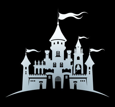 recommend clip art: Castle silver silhouette standing on the hill. Fairy tale fortress on black background. Cartoon vector illustration. Child accessories, travel, tourism, fantasy design element or apparel, fabric print