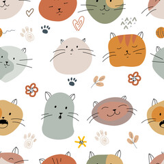 Pattern of cats, paw prints and balls of yarn. Print in pastel colors with funny animals. Pets. Drawing by hand. Seamless pattern. Vector illustration.