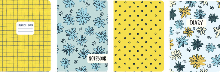 Set of cover page templates based on grid seamless patterns, spiral lines, flower pattern. Plaid backgrounds for school notebooks, diaries. Headers isolated and replaceable