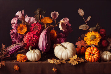 Still life of autumn vegetables and flowers