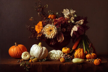 Still life of autumn vegetables and flowers