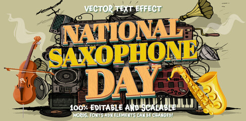 International jazz day poster or banner with saxophone in paper cut style. Digital craft paper art. National Saxophone Day editable text effect on musical scene instrument retro vintage background 