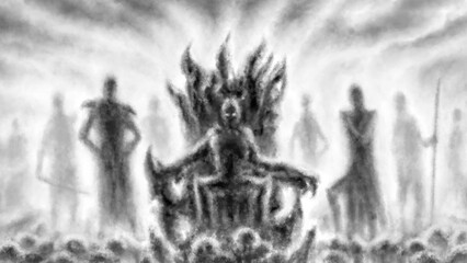 Dark lord sits on throne surrounded by his retinue. Myths and legends of forgotten era.. Gloomy silhouettes. Spooky illustration. Horror fantasy genre. Scary character. Black and white background.