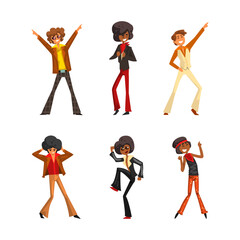 People Character Disco Dancing in Retro Style Clothing at Party Vector Set