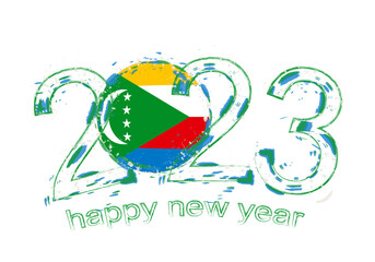 2023 Year in grunge style with flag of Comoros.