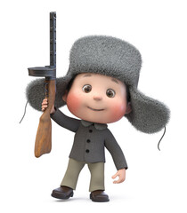 3d illustration little boy with a machine gun in his hands