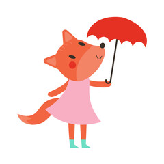Cute autumn fox with umbrella isolated on white background. Vector graphics. EPS