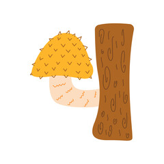 Rough mushroom grows on a tree trunk. Vector colorful isolated illustration hand drawn doodle. Simple card or print. Autumn season clip art