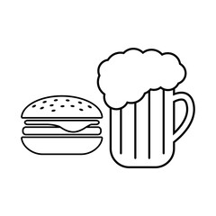 Beer and cheeseburger line  icon. Traditional mug of beer and hambuger topped with cheese. Vector Illustration