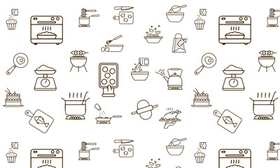 Baking doodle brown seamless pattern. Vector background included line icons as - rolling pin, dough, mixer, butter, flour, bread, stir, egg, milk. Wallpaper for bread and confectionery 